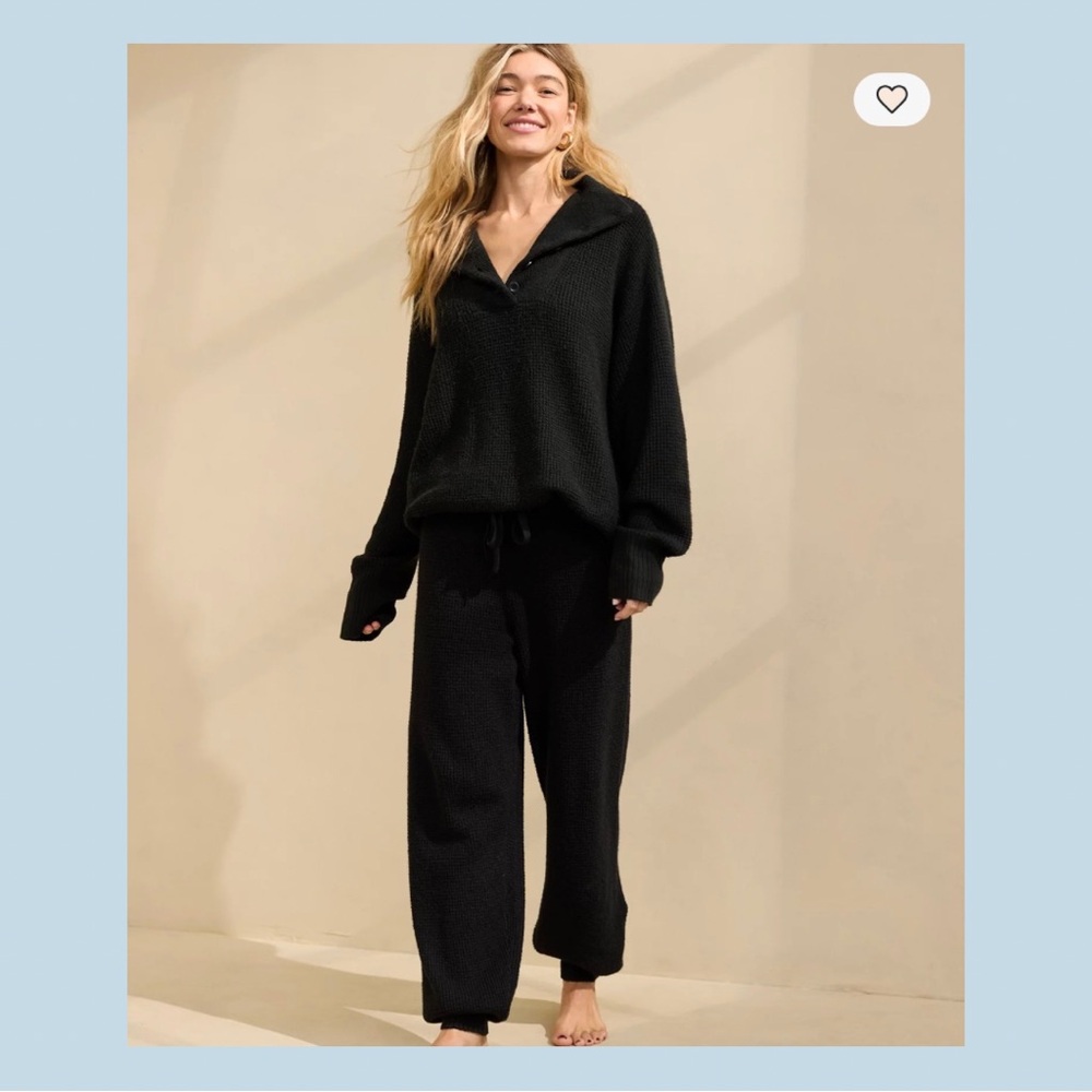 Aerie Cozyup Waffle Knit Set, Black, Size M Top and Size L Bottom